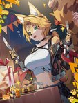 anthro banner big_breasts birthday blonde_hair blush bottomwear breasts brush brushing_tail canned_food clothed clothing collar countershade_face countershading crop_top cutlery denim denim_bottomwear denim_clothing denim_shorts detailed_background ears_up female food fork fur gift gloves green_eyes hair handwear holding_object inner_ear_fluff kitchen_utensils knife navel open_mouth personal_grooming shirt shorts smile solo_focus spikes striped_body striped_fur stripes tail text tools topwear torn_clothing tuft tuna_(food) tuna_can white_body white_clothing white_fur yellow_body yellow_fur unknown_artist mihoyo zenless_zone_zero burnice_white pulchra_fellini felid feline human mammal thiren 3:4 digital_media_(artwork) english_text hi_res official_art