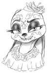 anthro clothing costume ears_down eyebrows female flower looking_at_viewer pivoted_ears plant raised_eyebrow skeleton_bodypaint solo spoof_(artist) disney zootopia judy_hopps european_rabbit lagomorph leporid mammal oryctolagus rabbit hi_res monochrome