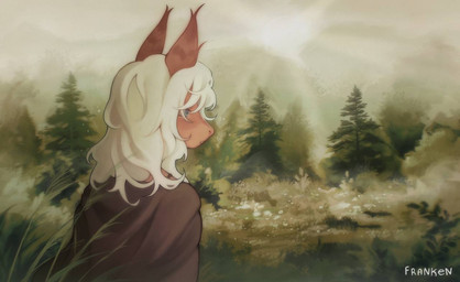 ambiguous_gender anthro blush brown_body brown_fur clothing day detailed_background forest fur grass hair outside plant rear_view solo tree white_hair franken mammal 2024 digital_media_(artwork)