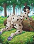 anthro anus balls big_butt blue_highlights blue_pawpads blurred_background butt dark_hair day floppy_ears forest fur genitals grass hair highlights_(coloring) kneeling licking licking_lips looking_at_viewer looking_back male markings nude on_grass pawpads perineum plant presenting presenting_hindquarters short_tail solo spots spotted_markings tail tongue tongue_out tree white_body white_fur fuzziness canid canine canis dalmatian domestic_dog mammal hi_res signature