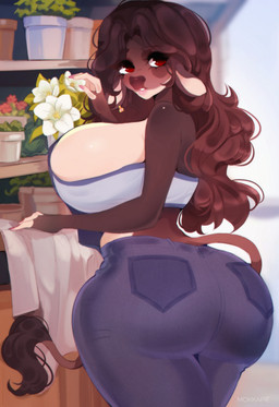 anthro big_breasts big_butt blurred_background bottomwear breasts brown_body brown_eyebrows brown_fur brown_hair brown_nose butt clothed clothing denim denim_bottomwear denim_clothing eyebrows eyelashes female fingerless_(marking) flower fur hair huge_breasts humanoid_hands inside jeans long_hair looking_at_viewer looking_back looking_back_at_viewer nails pants plant plant_pot red_eyes shelf solo tail tan_body tan_fur thick_thighs topwear white_flower mokkapie bovid bovine cattle mammal colored digital_drawing_(artwork) digital_media_(artwork) hi_res shaded
