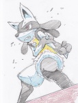 ambiguous_gender anthro biped black_body black_fur blue_body blue_fur fur pose red_eyes simple_background solo standing white_background alios nintendo pokemon canid canine generation_4_pokemon lucario mammal pokemon_(species) traditional_media_(artwork)