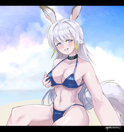 big_breasts bikini black_bars blue_bikini blue_clothing blue_swimwear breasts choker clothing cloud female grey_hair hair hand_on_breast jewelry necklace smile solo swimwear tail two-piece_swimsuit nymnwales arknights hypergryph studio_montagne surfer_(arknights) animal_humanoid humanoid mammal mammal_humanoid rodent rodent_humanoid sciurid sciurid_humanoid tree_squirrel_humanoid 2026 digital_media_(artwork) hi_res letterbox