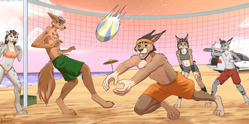 anthro ball beach bottomwear bra brown_body brown_eyes brown_fur brown_hair car clothing cloud evening female fluffy fluffy_tail fur green_eyes green_short grey_body grey_bottomwear grey_bra grey_clothing grey_eyes grey_fur grey_shorts grey_spots grey_underwear group hair male net orange_bottomwear orange_bra orange_clothing orange_panties orange_shorts orange_underwear panties purple_hair red_bottomwear red_clothing red_shorts sand short_tail shorts sport spots star tail underwear vehicle volleyball xleb0rezka annet_(xleb0rezka) rocky_(xleb0rezka) canid canine domestic_cat felid feline felis fox lynx mammal 2025 digital_drawing_(artwork) digital_media_(artwork) hi_res watermark