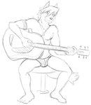 5_fingers 5_toes anime_eyes anthro barefoot bikini_briefs bulge clothed clothing dark_underwear dog_tags feet fingers guitar male muscular muscular_anthro muscular_male musical_instrument playing_music plucked_string_instrument simple_background smile solo string_instrument toes topless white_background thegreatmatsutzu morenatsu kouya_(morenatsu) canid canine canis domestic_dog husky mammal nordic_sled_dog spitz black_and_white monochrome sketch