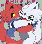 anthro black_sclera cape clothing duo fupa fusion green_eyes horn hug male red_body white_body yellow_eyes young young_anthro mrpandragon bandai_namco digimon digimon_(species) gammamon hi_res
