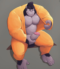 anthro balls barefoot bench big_muscles big_penis biped bodily_fluids broad_shoulders burglar clothed clothing criminal feet gang gangster genital_fluids genitals grey_background grin holding_penis humanoid_genitalia humanoid_penis inmates_clothing jumpsuit leaking looking_at_viewer male mature_anthro mature_male musclegut muscular muscular_anthro muscular_male nipples on_bench open_clothing open_jumpsuit orange_jumpsuit pecs penis precum prehensile_feet presenting presenting_penis prison prison_uniform prisoner robber simple_background smile solo thick_penis thief thug toes tough_guy bin_(artist) ganguro_(artist) illumination_entertainment sing_(movie) big_daddy_(sing) ape gorilla haplorhine mammal primate hi_res