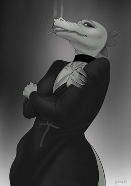 5_fingers anthro breasts cigarette cleavage clothed clothing dress female fingers nails sharp_teeth smoke smoke_from_nose smoking solo standing tail teeth gelenedd night_in_the_woods bea_santello alligator alligatorid crocodilian reptile scalie hi_res