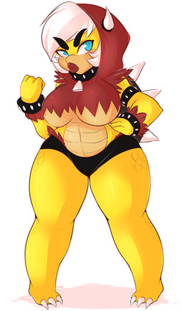 anthro big_breasts biped bracelet breasts claws clothing collar female fur hand_on_hip hood horn jewelry lipstick makeup non-mammal_breasts red_body red_fur scales simple_background solo standing thick_thighs under_boob underwear white_background white_claws wide_hips yellow_body yellow_scales yellow_skin unknown_artist mario_bros nintendo koopa scalie source_request