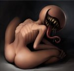 2021 ambiguous_gender avaritia_(ikiki) big_butt big_mouth_(anatomy) black_lips bodily_fluids butt crossed_legs drooling eyeless hand_on_knee hand_on_leg humanoid ikiki kneeling light_body light_skin lips long_tongue looking_back monster monstrous_humanoid nightmare_fuel nude open_mouth rear_view ribs saliva scapula sharp_teeth simple_background sitting slim small_waist smile solo teeth tongue tongue_out what