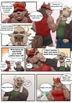 anthro bottomwear clothing dialogue duo hat headgear headwear holiday_message holidays male punch shirt shorts tank_top text topwear h155296 gym_pals new_year boss_(gym_pals) manager_(gym_pals) bovid bovine canid canine canis cattle mammal wolf absurd_res comic english_text hi_res