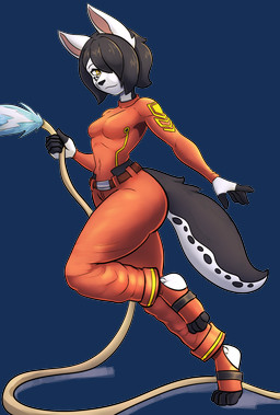 anthro bent_leg black_hair breasts butt clothing feet female fingerless_(marking) firefighter firefighter_uniform form_fitting freckled_face freckles hair hair_over_eye hair_over_face hose looking_at_viewer markings navel_outline pose raised_leg short_hair small_waist smile solo spots spotted_markings thick_thighs toeless_(marking) uniform water white_body bear213 lilit_(bear213) canid canine canis dalmatian domestic_dog mammal 2025 alpha_channel full-length_portrait hi_res pinup portrait