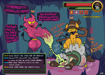 abandonment abdominal_bulge ambiguous_gender anal anal_penetration anthro bad_end ball_stretcher balls big_balls big_penis bodily_fluids bottomwear bottomwear_down bruised butt cave cavern chat_box clothed clothing colored_cum cum cum_in_ass cum_in_mouth cum_inside cum_on_butt cum_on_face cum_through defeated detailed_background dialogue excessive_cum excessive_genital_fluids floating flying forced from_behind_position gameplay_mechanics genital_fluids genitals group horn huge_balls huge_penis humanoid_genitalia humanoid_penis humiliation hyper hyper_balls hyper_genitalia hyper_penis male onomatopoeia pants pants_down partially_clothed penetration penis perching_position pointed_tail property_damage saggy_balls sex size_difference small_dom_big_sub sound_effects speech_bubble spread_legs spreading text tongue tongue_out trio trio_focus unusual_bodily_fluids unusual_cum unusual_genital_fluids vein veiny_penis wings 1mp demon humanoid imp monster digital_media_(artwork) pixel_(artwork)