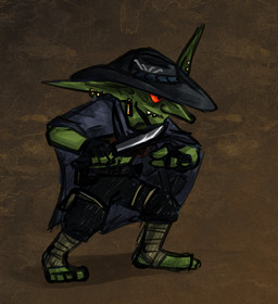 big_nose clothing dagger ear_piercing gloves handwear hat headgear headwear jewelry male melee_weapon not_furry piercing red_eyes simple_background solo weapon tawawawa goblin humanoid 2011 low_res