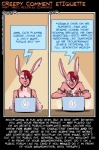 anthro biped clothing comment commentary comparison computer ear_piercing electronics english_text fabinella female food fruit hair how-to humor lady_snakebite lagomorph laptop leporid mammal pear piercing plant rabbit red_eyes red_hair shirt sitting solo tank_top text topwear
