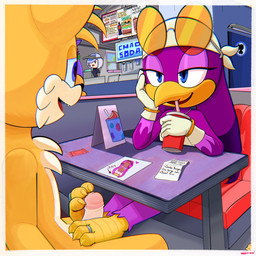 anthro beak bedroom_eyes blue_eyes cafeteria clothing container cup digit_ring drinking duo erection eye_contact eyewear eyewear_on_head feet female fingers foot_fetish foot_play footjob fur furniture genitals half-closed_eyes holding_container holding_cup holding_object humanoid_genitalia humanoid_penis jewelry kerchief looking_at_another male male/female narrowed_eyes open_mouth penile penis public public_sex purple_body ring seductive sex sitting smile sunglasses sunglasses_on_head table text toe_ring toes two-footed_footjob wearing_sunglasses toon_draw sega sonic_frontiers sonic_riders sonic_the_hedgehog_(series) miles_prower sage_(sonic) wave_the_swallow avian bird canid canine fox hirundinid human mammal oscine passerine swallow_(bird) 1:1 digital_media_(artwork) english_text hi_res