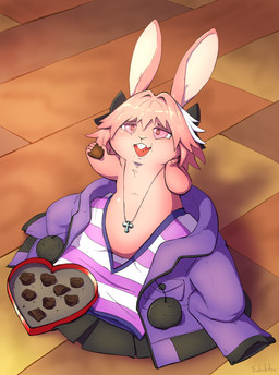 alternate_species ambiguous_gender anthro buckteeth candy chocolate clothing dessert eating food fur hair high-angle_view hoodie jewelry pattern_clothing pattern_topwear pink_hair semi-anthro shrinking size_transformation solo striped_clothing striped_topwear stripes teeth topwear transformation subakitsu fate_(series) type-moon astolfo_(fate) lagomorph leporid mammal rabbit 2020 digital_media_(artwork)