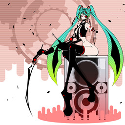 accessory arm_tattoo bare_shoulders black_boots black_clothing black_footwear black_legwear black_necktie black_shirt black_thigh_highs black_topwear boots bottomless bottomless_female bottomless_humanoid breasts clothed clothing cosplay crop_top cybernetic_eye cybernetics female footwear gradient_hair green_hair hair legwear long_arms long_hair long_legs looking_at_viewer machine mechanical_arm medium_breasts missing_arm multicolored_hair navel necktie not_furry open_clothing open_shirt open_topwear red_eyes shirt shoes sitting small_waist solo speaker tattoo teal_hair thigh_highs topwear twintails_(hairstyle) two_tone_hair wide_hips wire y2k_(graphic_design) deino_(artist) vocaloid yamaha_corporation calne_ca hatsune_miku humanoid robot robot_humanoid 1:1 2011 digital_drawing_(artwork) digital_media_(artwork) full-length_portrait hi_res portrait