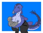 ambiguous_gender anthro beak big_breasts black_bottomwear black_clothing black_pants blue_body blue_scales blue_skin blush bottomwear breasts clothed clothing cradling digitigrade duo female nipples non-mammal_breasts non-mammal_nipples pants scales sex simple_background size_difference smile spiked_tail spikes spikes_(anatomy) tail thagomizer topless specimenzach kim_(specimenzach) dinosaur ornithischian prehistoric_species reptile scalie stegosaurian stegosaurus thyreophoran plates_(disambiguation) digital_media_(artwork)