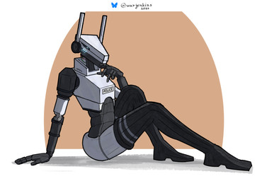 black_clothing black_footwear black_socks blue_eyes blush clothing female footwear footwear_only hand_on_mouth happy legwear machine mostly_nude simple_background sitting socks socks_only solo thigh_highs thigh_socks white_body wire warjenkins humanoid robot robot_humanoid 2025 absurd_res colored digital_media_(artwork) hi_res signature
