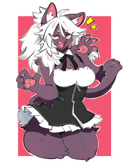 4_fingers anthro biped border breasts claws clothed clothed_anthro clothed_female clothing female finger_claws fingers front_view fur grey_body grey_fur grey_tail hair handpaw inner_ear_fluff looking_at_viewer maid_uniform open_mouth paws simple_background solo standing tail teeth tongue tuft uniform white_border white_hair yellow_eyes lolobot felid leopard mammal pantherine 2025 digital_drawing_(artwork) digital_media_(artwork) hi_res