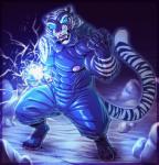 2015 abs angry anthro barefoot biceps big_biceps big_muscles big_pecs biped blue_bottomwear blue_clothing blue_eyes blue_theme bottomwear clothed clothing digitigrade electricity fangs feet felid front_view fur glowing glowing_eyes hi_res huge_muscles hyper hyper_muscles light looking_at_viewer magic male mammal markings muscular muscular_anthro muscular_male neodokuro nipples obliques open_mouth pantherine pants pecs pink_nipples pink_nose power rock serratus shorts snout solo standing striped_body striped_fur striped_markings striped_tail stripes tail tail_markings teeth tiger tongue topless triceps whiskers