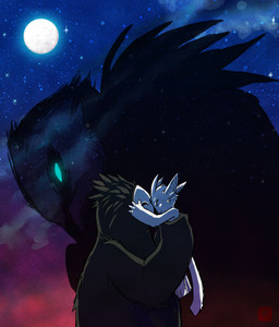 ambiguous_gender black_body black_fur blind blue_eyes disability fog forest fur group moon night plant tree white_body white_fur rennyrensaur microsoft moon_studios ori_(series) xbox_game_studios kuro_(ori) naru_(ori) ori_(ori) avian bird guardian_spirit owl unknown_species 2015 absurd_res hi_res