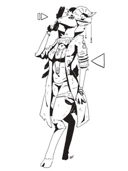 4_fingers accessory anthro arm_tuft badge bracelet breasts cleavage clock clothed clothing dog_tags ear_piercing ear_tuft elbow_tuft eyelashes eyeliner eyewear female fingers furgonomics goggles gun hair handgun holding_gun holding_handgun holding_object holding_pistol holding_ranged_weapon holding_weapon hooves horn horn_accessory jacket jewelry looking_down makeup neck_tuft piercing pistol ranged_weapon ring shadow shirt short_hair simple_background solo topwear tuft unguligrade watch weapon white_background deltav bovid caprine goat mammal satyr 3:4 hi_res monochrome signature