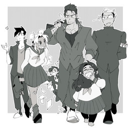 ambiguous_gender asian_clothing beard clothed clothing crossdressing_male east_asian_clothing eyewear facial_hair female fully_clothed gakuran glasses group human_focus japanese_clothing japanese_school_uniform male open_mouth pointy_ears school_uniform serafuku uniform walking karina_farek drawfee_(copyright) drawtectives eugene_finch grendan_highforge gyorik_rogdul rose_(drawtectives) william_anneus dwarf human humanoid mammal digital_media_(artwork) hi_res nonbinary_(lore)