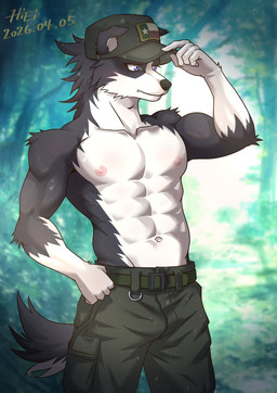 abs anthro athletic athletic_anthro athletic_male black_body black_fur black_nose blue_eyes bulge clothing floppy_ears fluffy fluffy_tail folded_ears fur furgonomic_headwear furgonomics hat headgear headwear kemono male military_pants military_uniform multicolored_body multicolored_fur nipples outside shirtless solo tail texas_flag two_tone_body two_tone_fur uniform white_body white_fur hiei0221 border_collie canid canine canis collie domestic_dog herding_dog mammal pastoral_dog sheepdog 2026 hi_res