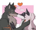 anthro duo ear_piercing female fluffy fur fur_markings hair heart_symbol kiss_on_lips kissing long_hair male male/female markings piercing romantic romantic_couple text sonofan asmodegan green_the_wolf canid canine canis demon fox hybrid mammal wolf english_text hi_res