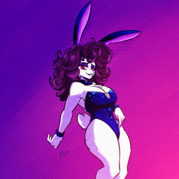 anthro big_teeth brown_hair buckteeth bunny_costume clothing costume female fur hair long_hair red_eyes scut_tail short_tail simple_background solo tail teeth thick_thighs white_body white_fur alterdfd humanoid lagomorph leporid mammal rabbit 1:1 hi_res