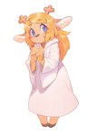 anthro antlers barefoot biped blonde_hair blue_eyes blush clasped_hands clothed clothing cloven_hooves feet female freckles hair hooves horn inner_ear_fluff long_hair robe simple_background solo standing tuft white_background aruurara deltarune undertale_(series) noelle_holiday deer mammal new_world_deer reindeer 2021 absurd_res hi_res