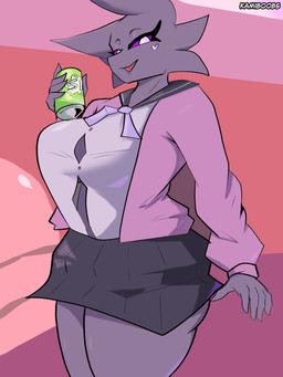 anthro beverage big_breasts breasts clothing female heart_symbol purple_body purple_eyes school_uniform soda solo uniform kamino1 lobina_(kamino1) canid canine canis demon mammal sleepy_demon wolf 3:4 absurd_res hi_res
