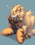 2020 anthro anthrofied arcanine arm_tuft black_body black_fur black_pawpads black_stripes blep bottomwear breasts canid chest_tuft clothed clothing clothing_lift crotch_tuft digital_media_(artwork) elbow_tuft falvie featureless_breasts female fluffy fluffy_tail fur generation_1_pokemon heart_symbol hi_res hotpants kneeling looking_at_viewer mammal minishorts navel neck_tuft nintendo orange_body orange_fur pawpads pokemon pokemon_(species) pokemorph shirt shirt_lift shorts simple_background solo striped_body striped_fur stripes tail tan_body tan_fur text tongue tongue_out topwear tuft