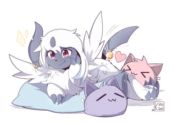 bell feral fur looking_at_viewer pillow plushie simple_background smile solo white_background white_body white_fur kinozel nintendo pokemon generation_6_pokemon mega_absol mega_evolution pokemon_(species) 2022 digital_media_(artwork) hi_res signature