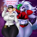 anthro big_breasts blonde_hair breasts camel_toe dialogue duo female female/female flashlight green_eyes hair hand_on_hip machine security security_guard security_uniform text thick_thighs under_boob kyelyn_(artist) five_nights_at_freddy's five_nights_at_freddy's:_security_breach scottgames steel_wool_studios roxanne_wolf vanessa_(fnaf) animatronic canid canine canis human mammal robot wolf absurd_res english_text hi_res