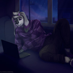 ambiguous_gender anthro black_bottomwear black_clothing black_pants bottomwear clothed clothing computer detailed_background electronics floppy_ears fur grey_body grey_fur horn inside laptop night pants pattern_clothing pattern_shirt pattern_topwear purple_clothing purple_eyes purple_shirt purple_topwear shirt snout solo striped_clothing striped_shirt striped_topwear stripes text topwear literaldeerirl bovid caprine goat mammal 1:1 2022 absurd_res adobe_photoshop_(artwork) artist_name digital_drawing_(artwork) digital_media_(artwork) hi_res shaded soft_shading