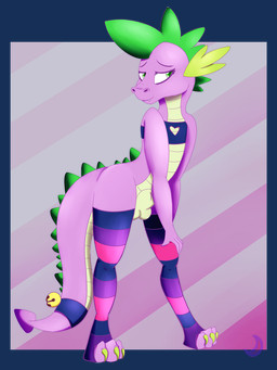 3_toes 4_fingers accessory animal_genitalia anthro anthrofied balls bell biped border bottomless claws cleavage_cutout clothed clothing cutout fangs feet femboy fingers footwear fully_sheathed furgonomics genitals green_eyes hand_on_leg legwear male outside_border pattern_background pattern_clothing pattern_legwear penis purple_body purple_clothing purple_skin purple_topwear sheath simple_background skimpy socks solo spade_tail standing striped_background striped_clothing striped_legwear stripes tail tail_accessory tail_bell teeth thigh_highs toeless_legwear toes topwear tube_top dinimoon friendship_is_magic hasbro my_little_pony mythology spike_(mlp) dragon mythological_creature mythological_scalie scalie 2017 3:4 alpha_channel full-length_portrait hi_res portrait