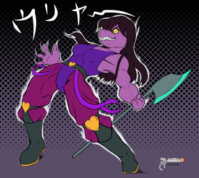4_fingers anthro aura axe black_hair breasts clothed clothing female fingers hair heart_symbol jojo_pose long_hair melee_weapon non-mammal_breasts smile solo text weapon arashidrgn deltarune jojo's_bizarre_adventure stardust_crusaders undertale_(series) dio_brando susie_(deltarune) dinosaur prehistoric_species reptile scalie 2020 absurd_res hi_res japanese_text meme