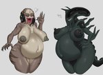 5_fingers accessory areola belly big_belly big_breasts black_areola black_body black_claws black_hair black_nipples black_tail bodily_fluids breasts brown_body brown_skin brown_stripes claws dreadlocks duo erect_nipples eyelashes eyeless fangs fellatio_gesture female female_humanoid finger_claws fingers front_view gesture grey_areola grey_background grey_nipples grey_sclera grin hair hair_accessory hair_ring hand_on_hip hand_on_own_hip heart_symbol lactating long_hair looking_at_viewer milk navel nipples not_furry nude nude_female nude_humanoid one_eye_closed orange_eyes outie_navel pink_tongue pregnant pregnant_female pregnant_humanoid pupils saliva saliva_on_tongue saliva_string sharp_teeth simple_background slit_pupils smile striped_body striped_skin stripes suggestive suggestive_gesture tail tan_body tan_skin teeth thick_thighs tongue tongue_out wide_hips wink winking_at_viewer bymetalala alien_(franchise) predator_(franchise) alien alien_humanoid humanoid xenomorph yautja 2025 absurd_res hi_res