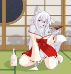 anthro asian_clothing bottomwear breasts cleavage clothed clothing east_asian_clothing female fur genitals hair hakama haori japanese_clothing kneeling legwear panties pussy red_bottomwear red_clothing red_eyes red_hakama solo thigh_highs underwear helsy canid canine fox mammal digital_media_(artwork) shaded