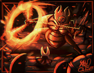 2_horns ambiguous_gender anthro battle biped censer clothed clothing duo fire holding_melee_weapon holding_object holding_weapon horn looking_at_another melee_weapon standing weapon antotheclownest hollow_knight:_silksong hollow_knight_(franchise) team_cherry hornet_(hollow_knight) last_judge arthropod 2026 hi_res female_(lore)