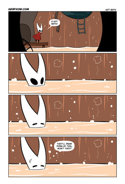 anthro bathing biped black_legs black_text cloak cloak_only clothing dialogue exclamation_point eyes_closed female inner_monologue ladder partially_submerged question_mark red_cloak red_clothing solo speech_bubble steam text thinking water josue_pereira hollow_knight:_silksong hollow_knight_(franchise) nerf_now!! team_cherry hornet_(hollow_knight) arthropod insect comic english_text hi_res url