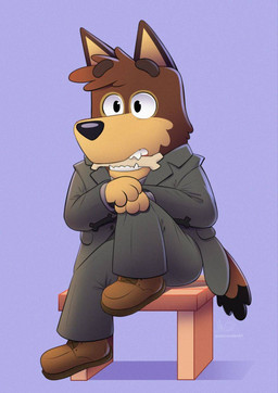 anthro bone chair clothed clothing footwear fully_clothed furniture male multicolored_body raised_leg shoes sitting smile solo suit suit_jacket teeth darrendank1 bluey_(series) canid canine mammal hi_res
