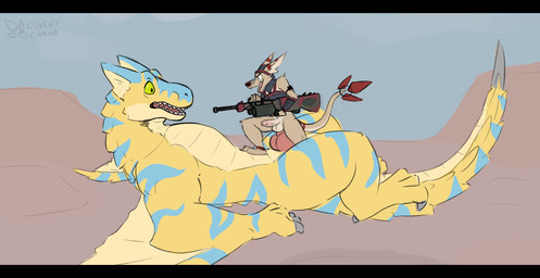 anal anal_penetration anthro anthro_on_feral anthro_penetrated balls bestiality black_bars bowgun circumcised clothed clothing cowgirl_position crazy_eyes duo feral feral_penetrating feral_penetrating_anthro from_front_position genitals gun humanoid_genitalia humanoid_penis insane knot larger_sub lying male male/male nargacuga_armor on_back on_bottom on_top partially_clothed penetration penile penile_penetration penis penis_in_ass questionable_consent ranged_weapon sex size_difference submissive threatening weapon worried covertcanine capcom monster_hunter kale_(covertcanine) canid canine canis coyote flying_wyvern hybrid mammal tigrex absurd_res hi_res letterbox