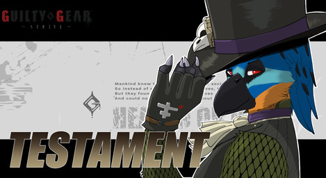 anthro clothing crevat fishnet_clothing fishnet_topwear hat headgear headwear herm intersex solo text topwear sekhburd arc_system_works guilty_gear guilty_gear_strive fan_character seljhet testament_(guilty_gear) avian bird coraciiform motmot trinidad_motmot english_text hi_res