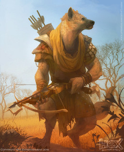 anthro armor arrow_(weapon) brown_body brown_fur chain claws crossbow digitigrade fur grass holding_crossbow leather leather_armor looking_aside male outside pauldron plant quiver_(object) ranged_weapon realistic savanna solo standing tail tree weapon xavier_ribeiro hex:_shards_of_fate hyena mammal spotted_hyena 2016 hi_res official_art