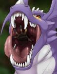 ambiguous_form ambiguous_gender bodily_fluids duo open_mouth oral_vore purple_body purple_skin red_eyes saliva swallowing teeth tongue tongue_out vore nummynumz bandai_namco digimon fakemon mythology dragoneer_(character) fan_character dragon murasadramon mythological_creature mythological_scalie scalie hi_res