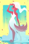 anthro breasts cheek_tuft clothing dress facial_tuft female fur looking_at_viewer looking_back looking_back_at_viewer petals red_body red_fur smile solo tuft water wedding_dress hydrabb canid canine mammal 2021 2:3 absurd_res digital_media_(artwork) hi_res lineless